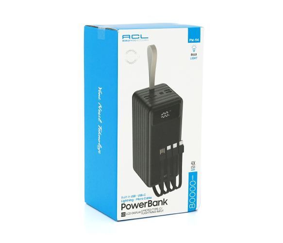 Повербанк ACL PW-94 80000mAh, 4xUSB, 4 кабелі (USB/Micro/Type-C/Lighting), 1,4 кг, Black, Box U_37680 фото