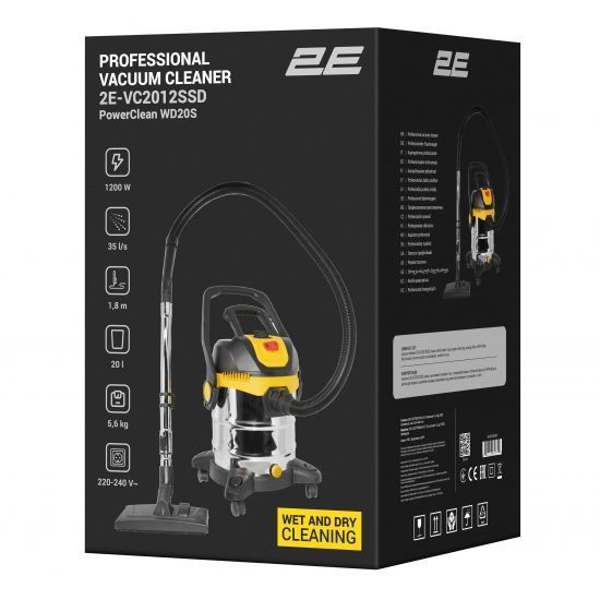 Пылесос профессиональный 2E PowerClean 20S 1200Вт 17кПа контейнер 20л розетка 220В/2000Вт влажная/сухая уборка функция воздуходувки IPX4 5.6кг RC_2E-VC2012SSD фото