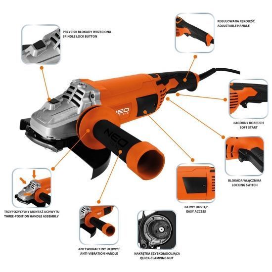 Шліфмашина кутова Neo Tools 230мм 3000Вт 6600об/хв 5.6кг RC_04-715 фото