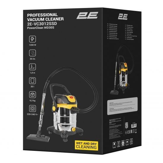 Пылесос профессиональный 2E PowerClean 30S 1200Вт 17кПа контейнер 30л розетка 220В/2000Вт влажная/сухая уборка функция воздуходувки IPX4 6.3кг RC_2E-VC3012SSD фото