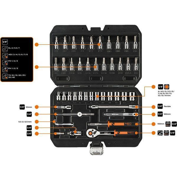 Набор инструментов Neo Tools, Набор торцевых головок, 46шт, 1/4" CrV, кейс RC_10-004 фото