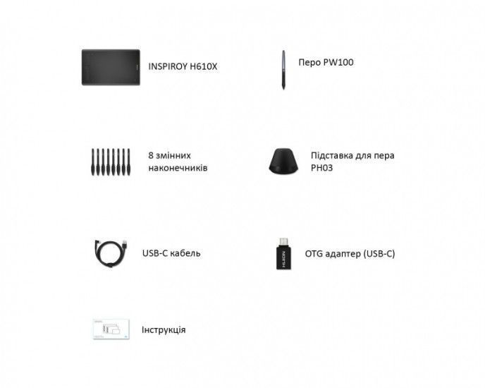 Графічний планшет Huion 10"x6.2" H610X USB-C,чорний RC_H610X фото